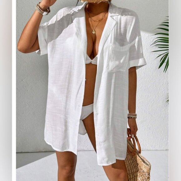 White Short Sleeve Shirt Bathing Suit Cover Up